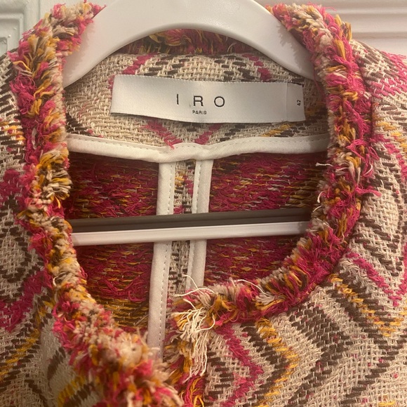 IRO Kolie Jacket Women's 42 Jacquard Geo Patterned Fringe Tweed Beige Pink - Picture 6 of 7